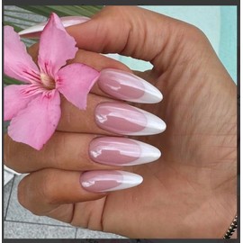 Almond Press-On Nails – 30 Pcs Glossy Chrome, French Tip & Solid Color Nail Set with Glue & Adhesive Tabs | PMMA Coated Reusable False Nails for Women & Teens (Parisian Tip, Medium)