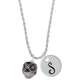 Delight Jewelry Silvertone Diagonal Banded Barrel with Brown Crystals Spinner - Silvertone Script Initial Disc - S - Charm Necklace, 20"+3"