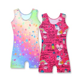 Nymphperi Gymnastics Leotards for Girls 6-7 Years Old Rainbow Star with Hot Pink Unicorn Fitted Classic Gym Unitard