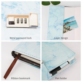 Mousbull Marble Diary with Lock and Pen, Refillable A5 Daily Journal for Girls and Women, 192 Pages Cute Notebook with Combination Lock and Diamond Pen for Teen Girls and Boys - Blue