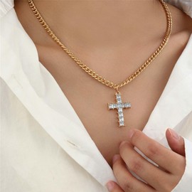 YienDoo Boho Crystal Cross Necklace Choker Vintage Rhinestone Cross Pendant Necklace Statement Cross Charm Gold Chunky Chain Necklace Minimalist Faith Crucifix Necklace Jewelry for Women