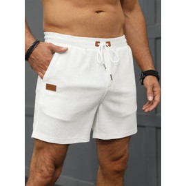 JMIERR Men's Waffle Shorts Summer Leisure Stretch Elastic Waist with Pockets, White