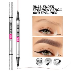 2 Pack Microblading Eyebrow Pen, 2-in-1 Dual-Ended Waterproof 2 Fork Tip Eye Brow Makeup Pencil for Women with Precise Curved Brush-Tip Create Natural Hair-Like Brows, Last All-Day (Cool Brown)