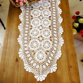 KEPSWET Cotton Handmade Crochet Lace Oval Table Runner Dresser Console Coffee Table TV Stand Decor White 14x48 inch