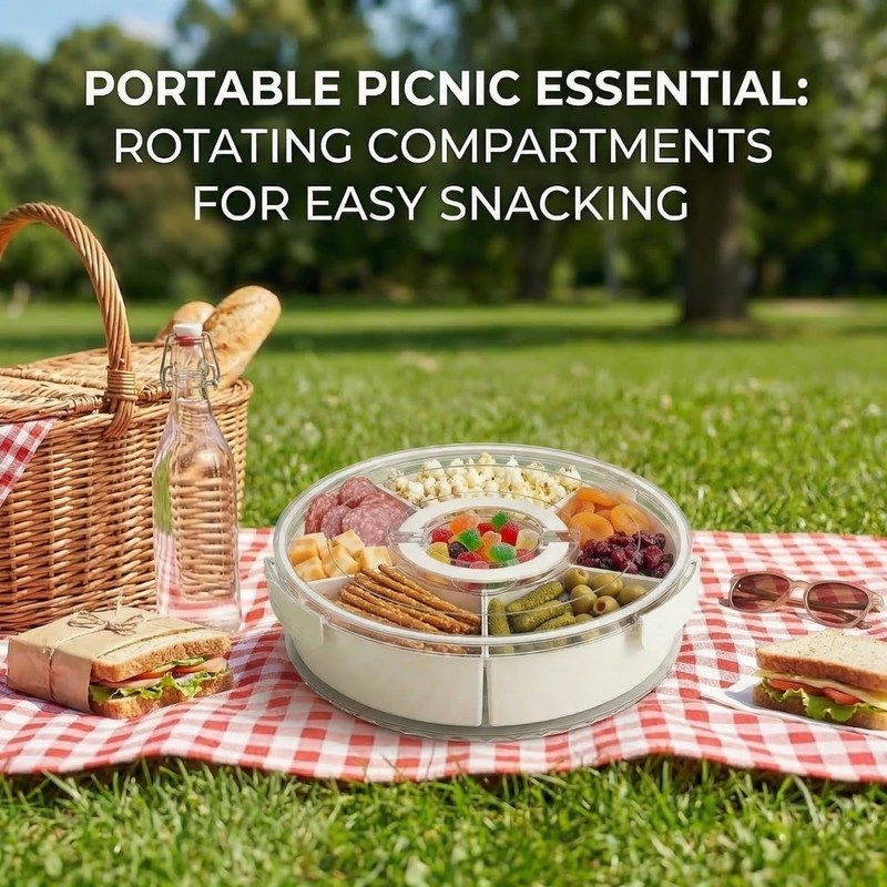 1-Pack Divided Serving Tray with Lid and Handle, 6-Compartment Snackle