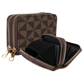 Veki Women's Credit Card Holder, RFID Leather Zipper Wallet, Small Zipper Card Case for Men and Women (Double Layer-Brown)