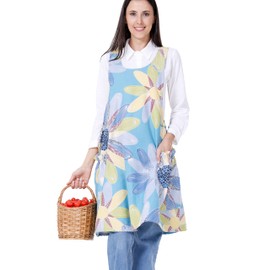 OCXMME OCXXMME Adjustable Easeful Cross Back Aprons for Women Floral Aprons with Pockets Cotton Linen, Big Daisy, Large