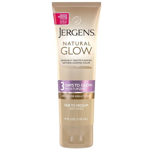Jergens Natural Glow 3-Day Sunless Tanning Lotion, Self Tanner, Fair to Medium Skin Tone, Sunless Tanning Daily Moisturizer, for Streak-free Color, 4 Ounce