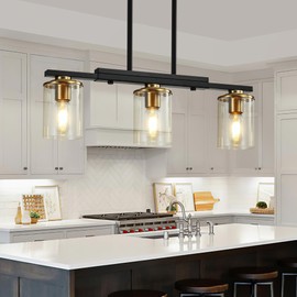 XvmBvm 3-Light Kitchen Island Lighting,Dining Room Lights Modern Farmhouse Chandelier with Clear Glass Shade,Modern Rustic Black and Gold Metal Chandelier, Kitchen Pendant Light Fixtures Over Table