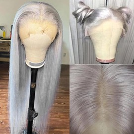 ORIGEN Grey Lace Front Wigs with Baby Hair for Black Women Human Hair Pre Plucked Straight Colored 13x4 Lace Frontal Glueless Wig 180% Density 32 Inch