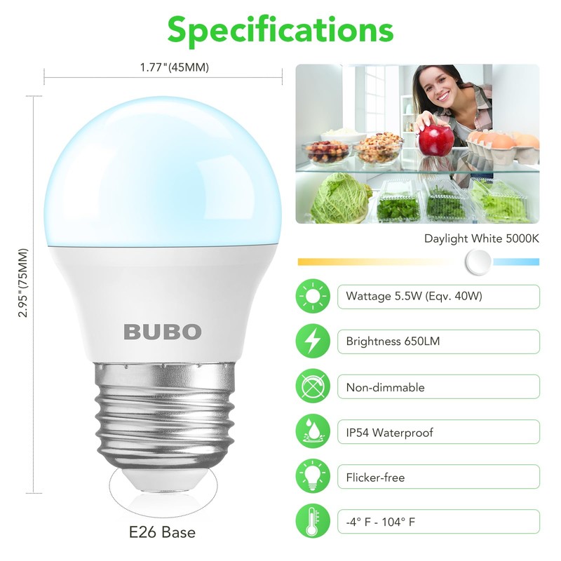 BUBO LED Refrigerator Light Bulb 40W Equivalent, Appliance Bulb Daylight