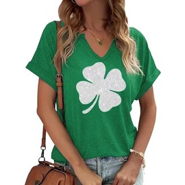 TIXOM St Patrick's Day V Neck Shirts for Womens Funny Glitter Shamrock Graphic Tee Lucky Clover Printed Short Sleeve Shirts Tops (XL,B-Green-1)