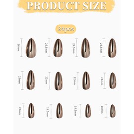 LOZTBUE 24 Medium Nails Light Bronze Chrome Apricot Mirrored Metal Stiletto Heels Acrylic Nails Sequin Design Shiny False Nails