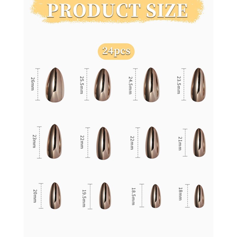 LOZTBUE 24 Medium Nails Light Bronze Chrome Apricot Mirrored Metal