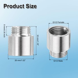 sourcing map Shower Head Extension Arm 30mm Length 304 Stainless Steel Shower Head Extender G1/2 Male to G1/2 Female Thread Straight Pipe Fitting Pipe Extension for Bathroom, Silver Tone