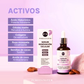 Pureza Natur Serum Acido Hialuronico Facial, Celulas Madre, Rosa Mosqueta, Colgeno Y Semillas De Cacao. Suero Regenerador Y Renovador De Celulas De...