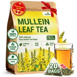Hiihone Mullein Leaf Tea Bags for Lung Support, 20 Tea Bags, 100% Natural Herbal Tea from Mullein Leaves, Caffeine Free, No Sugar, No Additives