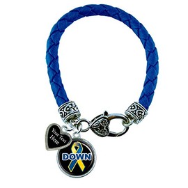 Holly Road Down Syndrome Blue Leather Bracelet Jewelry Choose Your Text