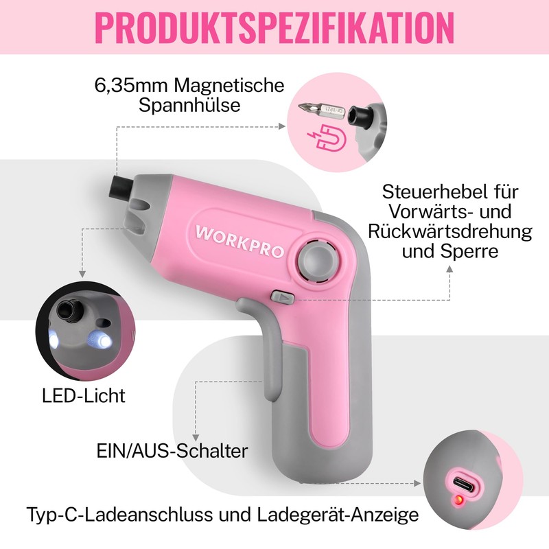 WORKPRO 3.6 V Pink Cordless Screwdriver Set (EU PKG)