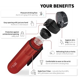 720°DGREE "uberBottle" Crystal Clear Water Bottle + Fruit Container – 350 ml, 500 ml, 650 ml, 1 L, 1.5 L – BPA-Free Sports Bottle for Gym, Fitness, Outdoor – Water Bottle Made of Tritan – Light, Shatterproof, red, 350ml