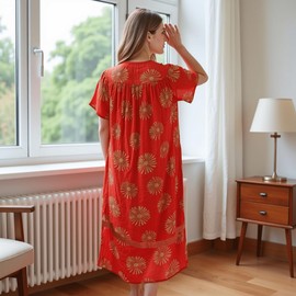 Women's Short Sleeve Orange-Red Starburst Gauze Lounger House Dress - Crochet V Neck and Pockets XL