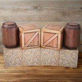 8 Pcs Western Cowboy Party Decorations, Rustic Cardboard Boxes for Photography, Hay Bales & Wood Grain & Wine Barrel Boxes, Farmyard Props for Themed Parties and Photoshoots