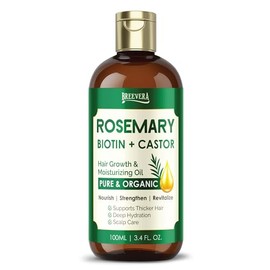 BREEVERA Rosemary, Biotin & Castor Oil – Hair Growth & Moisturizing Oil, Pure & Organic, Nourishes, Strengthens, Hydrates, Supports Thicker Hair & Scalp Care, 100ml | 3.4 fl. oz.