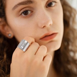 Stainless Steel Twill Cuff Rings for Men, Womens Ajustable Statement Ring, 20mm Wide Thick Wrap Knuckle Open Rings Brushed Design Wedding Band Minimalist Jewelry