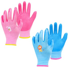 TOPWAYS Kids Gardening Gloves for Age 3 to 6, 2 Pairs Child Gardening Yard Gloves, Beach Combing Mittens, Rubber Coated Safety Boys Girls Work Gloves (pink and blue gloves, S for Age 3 to 6)
