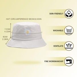 FUIPVGI 2 Pieces Bucket Hats,Black+Beige Double-Side-Wear Sun Hats,Daisy Embroidery Bucket Hat, Reversible Breathable Cotton Beach Cap Foldable Double-Side Hat for Girls Woman Shopping Hiking(2 PCS)