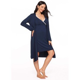 Latuza Women's Viscose Nursing Nightgown and Robe Set, Navy, Large