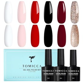 TOMICCA UV Nagellack Set, 6 Farben Rot Schwarz Wei√ü Glitzer Gel Nagellack, Natur Gellack Soak-Off UV LED Manicure Gel Lacquer Varnish f√ºr Nagelstudio DIY Home, 8ml