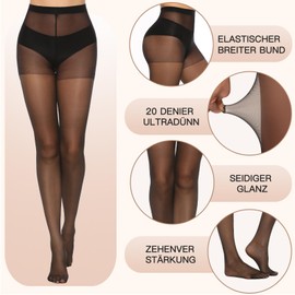 MANZI 6 Pairs of Women's Transparent Tights 20 Denier Without Pattern, 3 Pairs Black, 3 Pairs Skin Colour, Black 6 Pairs