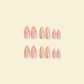 SINHOT Almond Press on Nails Medium Fake Nails Glossy Glue on Nails 3D Gold Chrome Stripes Acrylic Nails Stiletto Artificial Nails White Leaves Stick on False Nails with Design 24 pcs
