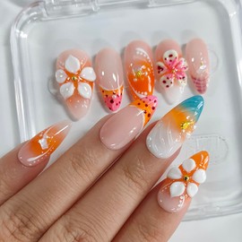 Handmade Press on Nails Almond Medium 3D Floral French Tip Thick Acrylic Fake Nails False Nails with White Flower Pearls Water Ripple Designs Summer Sturdy Nail Art Press on Nails 10Pcs(S)