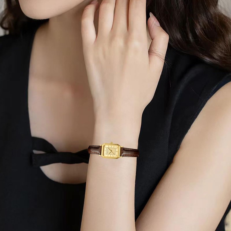 RioFoior Gold Watches for Women-Rectangular Case Minimalist Dial,Comfortable Leather Strap,Water