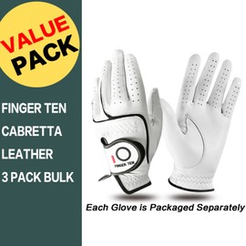 FINGER TEN Mens All Premium Soft Cabretta Leather Tour Fit Grip Left Hand Lh Right Hand Rh with Cadet Size Golf Gloves Value 3 Pack Size from Small to XXL (Natural White, Medium, Left)
