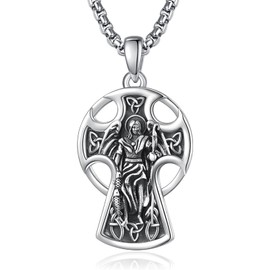 KINGWHYTE St. Raphael Necklace for Men Women 925 Sterling Silver Celtic Cross Necklace Protection Catholic Jewelry Gifts