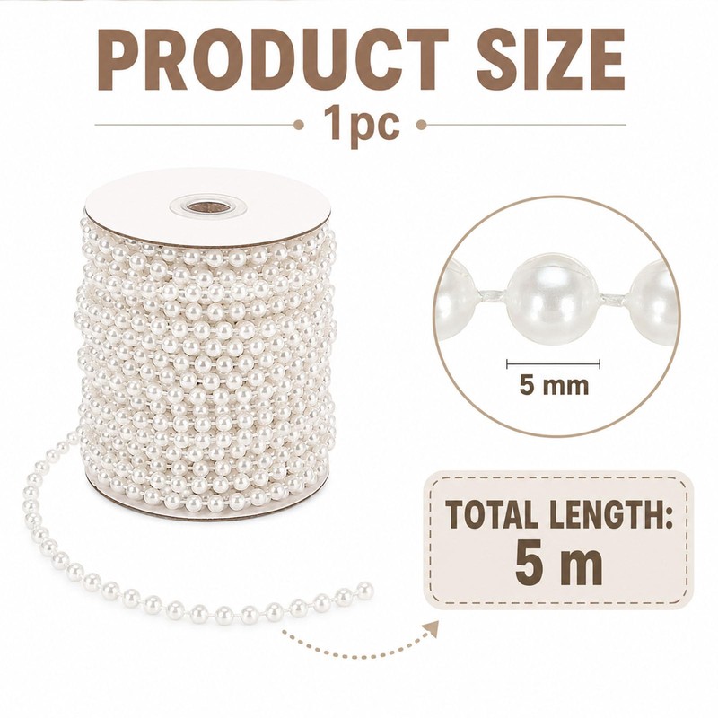 Tinminx 16.4Ft Faux Pearl Beads Garland, 5M White 5mm Plastic