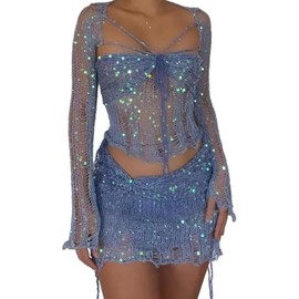 xxxiticat Women's Hollow Out Skirt Matching Set Long Sleeve Cardigan Jacket Bralette Crop Top Crochet Skirt Three Piece Suit(BE,L)