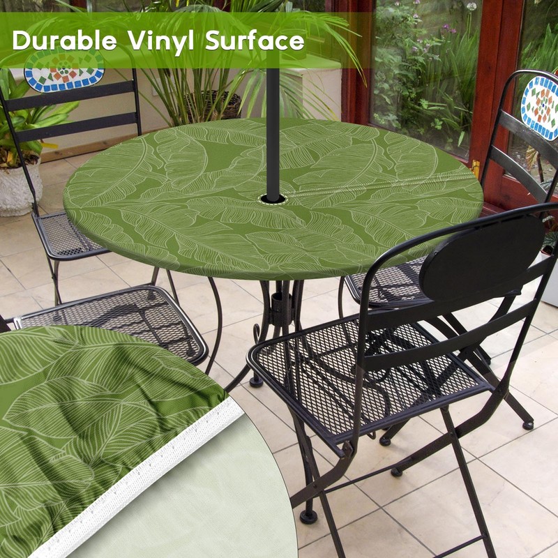 Britown Green Palm Round Outdoor Tablecloth With Umbrella Hole, Retro