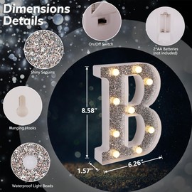TEHIBIEN Marquee Light Up Letters, Glitter Silver LED Letter Lights Battery Powered Alphabet Letter Sign for Night Light Wedding Birthday Party Cafe Bar Decoration Girls Room Decor - Letter B