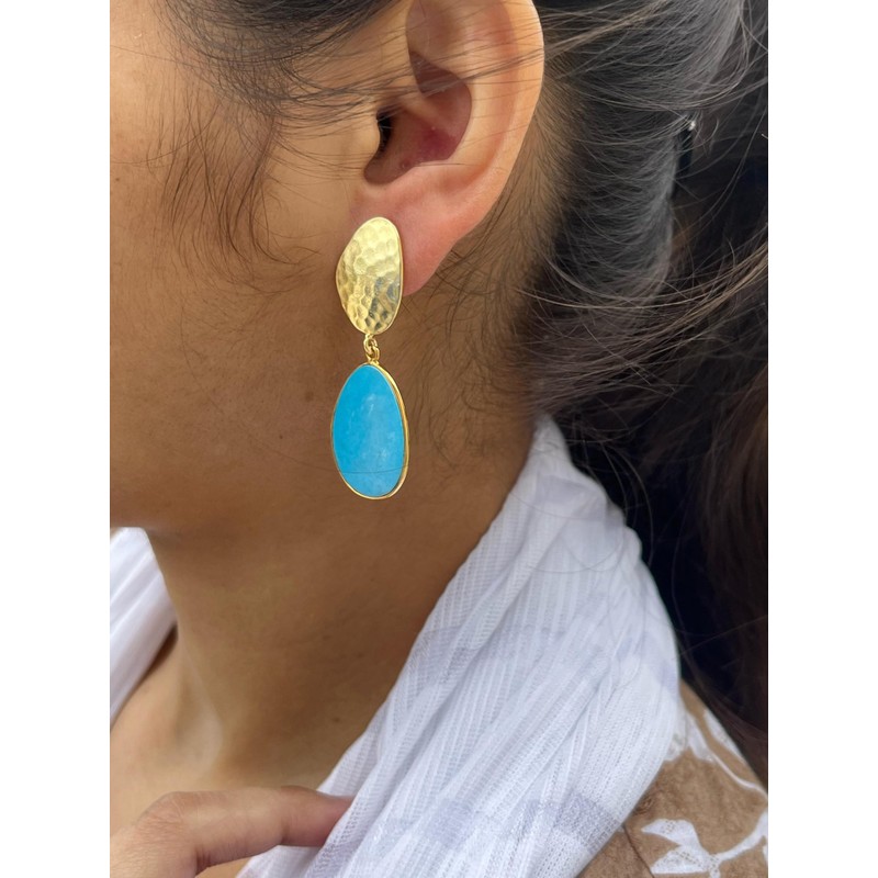 GEMFORTUNE AURA Turquoise Brass Gold Plated Designer Dangle Earrings With
