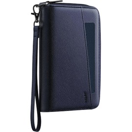 VULKIT Porta Pasaporte de Cuero con Bloqueo RFID y Correa para Muñeca, 8 Ranuras para Tarjetas (Incluye 2 Ventanas para ID), Ranuras 2 Internas + 2 Externas para Pasaportes, Cierre Zipper, Azul Marino