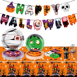 107Pcs Halloween Tableware And Decorations Set, Halloween Party Supplies, Scary Party, Pumpkin Monster Theme Set