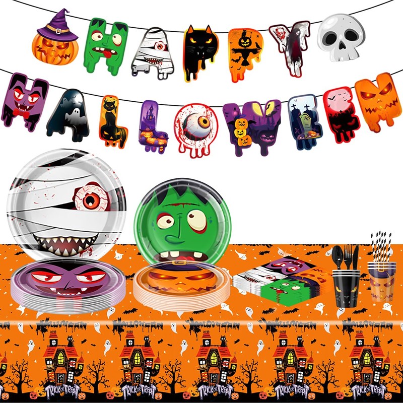 107Pcs Halloween Tableware And Decorations Set, Halloween Party Supplies, Scary