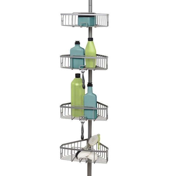 Zenna Home Tension Pole Shower Caddy, 4 Basket Shelves, Adjustable, 60 to 108 Inch, Satin Nickel