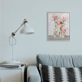 Stupell Industries Spring Pink Florals in Glass Jars Feminine Rustic Flowers, Designed by Ziwei Li Wall Art, 16x20, Grey Framed