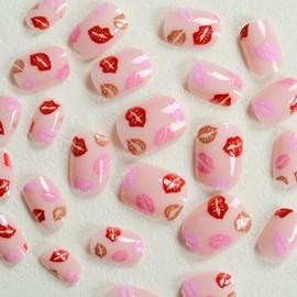 24Pcs Lips Press on Nails Short Square Fake Nails with Glue Reusable Valentine's Day Acrylic Nails Romantic Red Lips False Nails Valentines Artificial Nails Full Cover Stick on Nails for Women Girls