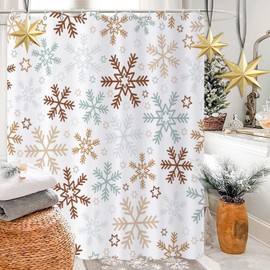 Caheansi Christmas Shower Curtain, Blue and Brown Xmas Snowflake White Background Winter New Year Holiday Bathroom Curtain Waterproof Fabric Machine Washable with Hooks, 72" Wx72 L